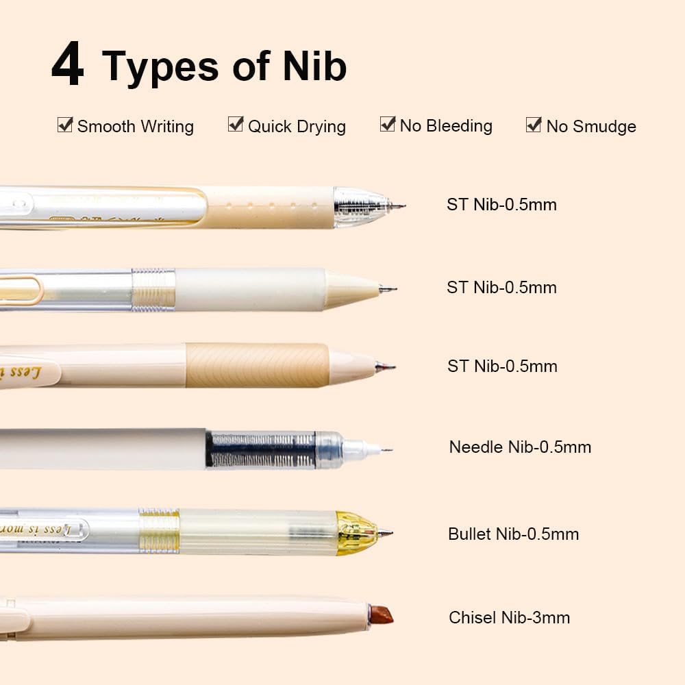 6 Count Pastel Gel Ink Pen Set,Cute Note Taking 0.5mm Fine Point Retractable 5 Count Black Ink Pens with 1 Count Highlighter for Writing, Journaling, School, Office (Off White)