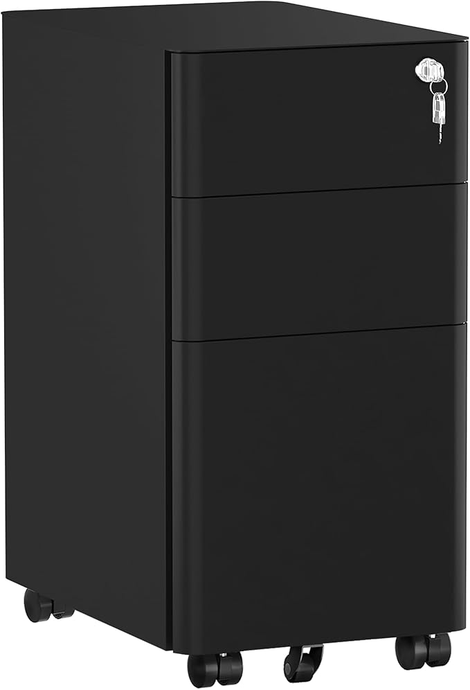 DWVO 3-Drawer Vertical File Cabinet, Mobile Filing Cabinet with Lockable, Pre-Assembled Compact Slim File Cabinet, Portable Office Storage for A4/Letter/Legal Documents (Black)