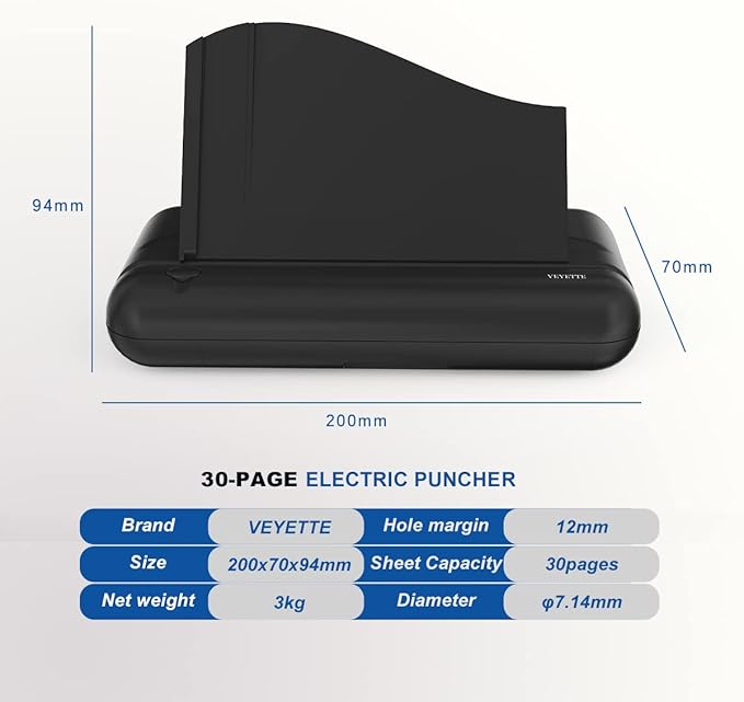 Electric 3 Hole Paper Punch, VEYETTE Heavy Duty Commercial Hole Puncher with Adapter for Office School Studio, 30 Sheet Capacity,Color Black