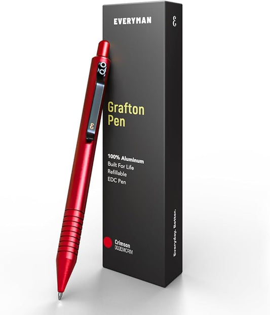 Everyman Grafton Full Click Refillable 0.7mm Ball Point Pen, Crimson | Sleek Anodized Aluminum EDC Pen with Deep Grooved Grip | Smooth Writing Pocket Pen for Office, Travel, Gifting & Daily Use