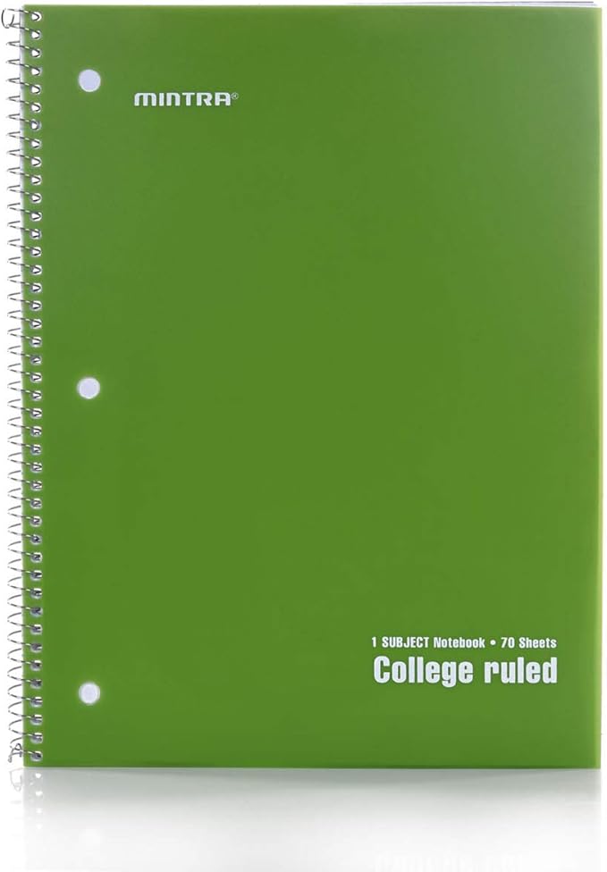 Mintra Office Spiral Notebooks - 1 Subject, Poly Cover, 70 Sheets, College Ruled, 8in x 10in, Bulk Pack, Primary Color Waterproof Covers, Set of 6 - for School, Office, Business, Professional (04659)