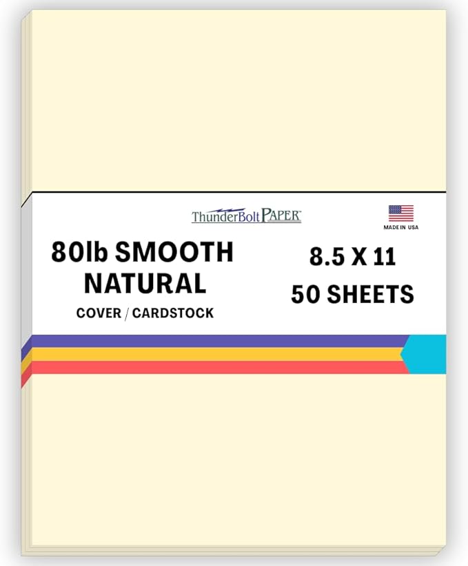 50 Natural Smooth Card Stock Sheets Paper - 8.5 X 11 Inches Standard Letter|Flyer Size - 80# (80 lb/Pound) Cover Weight - Quality Paper - Smooth Finish
