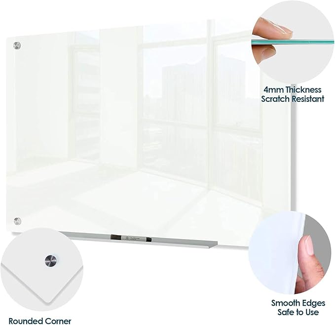 J&J worldwide Glass Dry Erase Board 23 x 35, Whiteboard Magnetic, Large Frameless White Boards for Walls, Includes Magnets, Marker Tray, Eraser for Office, Home, School