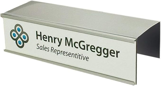 The Original Over the Cube - Quality Aluminum, Changeable Cubicle Nameplate Holder, Satin Silver Base, and Silver Name Plate Holder, (2.25" Cubicle Wall Depth) - Made in The USA