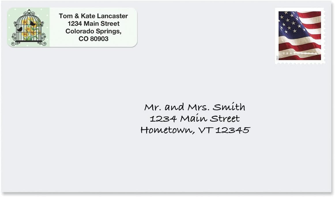 Birdcages Rolled Personalized Return Address Mailing Labels with Dispense, Set of 250, 5 Designs, Small ¾ x 2½ Inch Size, Custom Self-Adhesive Sticker Roll, by Colorful Images