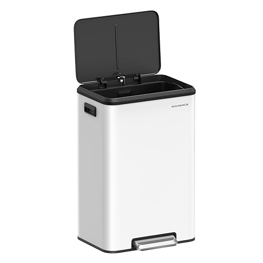 SONGMICS Kitchen Trash Can, 10.5-Gallon (40L) Garbage Can with Lid and Wide Foot Pedal, Soft Close and Stays Open, White ULTB541W40