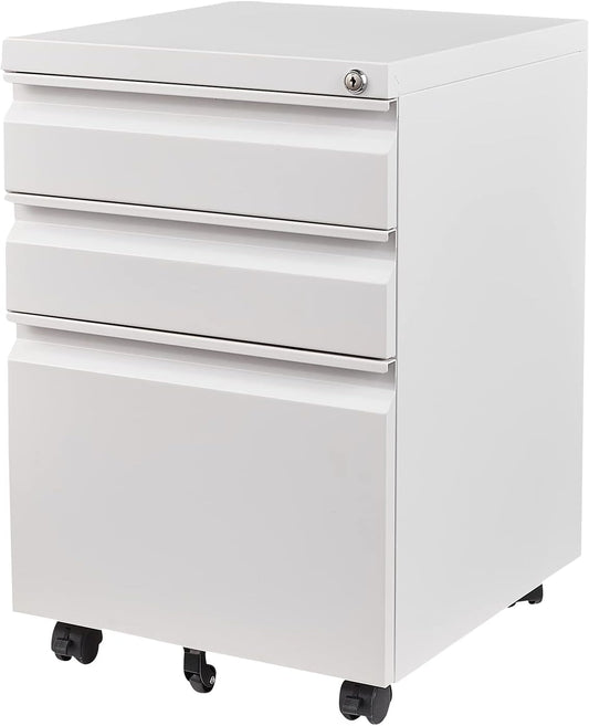 3 Drawer File Cabinet with Wheels, Metal Filing Cabinet with Lock, Office Rolling File Cabinets for A4/Legal/Letter Size, Assembly Required, White