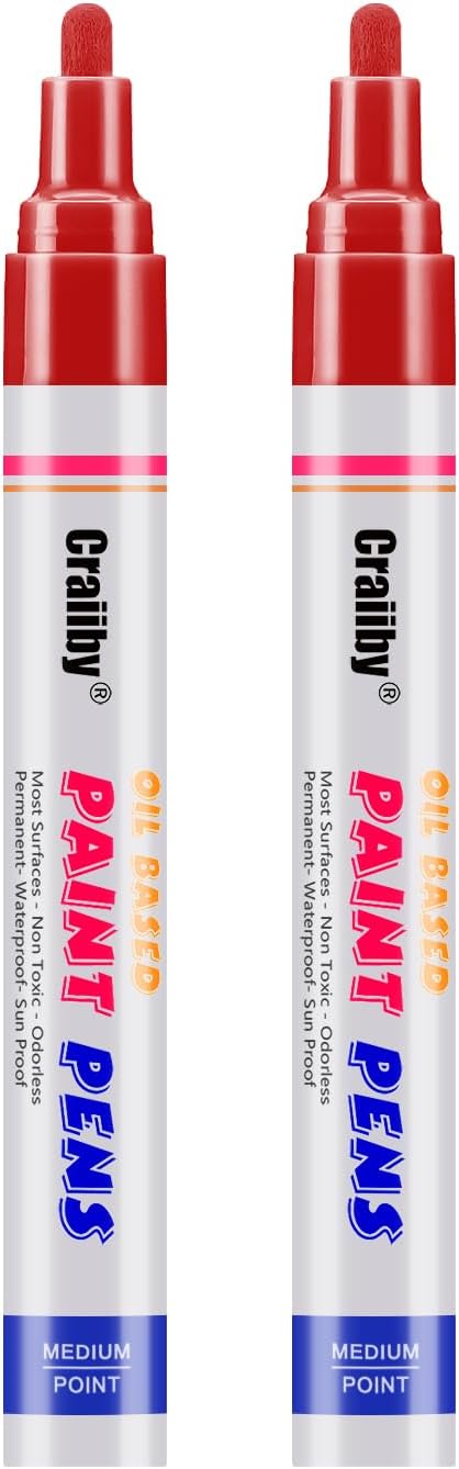Red Paint Markers, 2 Pack Oil-Based Waterproof Quick Dry Permanent Paint Pen Set for Rocks Painting, Wood, Fabric, Plastic, Canvas, Glass, Mugs, Metal, Tire, Stone, DIY Craft