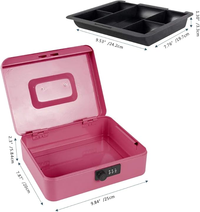 KYODOLED Safe Metal Cash/Money Box with Combination Lock, Money Tray for Security 9.84"x 7.87"x 3.54" Pink, Large