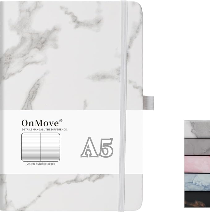 Lined Notebook Journal for Women Men 200 Pages A5 Hardcover Leather with Pen Holder College Ruled Journals for Work Note Taking Travel School (Lined, White-B)