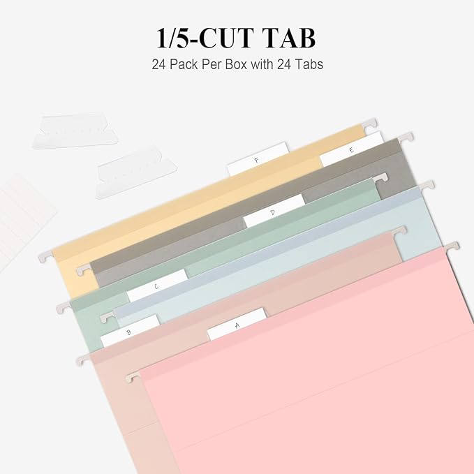 ViVin Hanging File Folders, 1/5-Cut Adjustable Tabs with 24 Per Box, 1 Inch Expansion, 24 Pack Letter Size Hanging File Folders, Designed for Office Home School Filing Cabinet(Assorted)