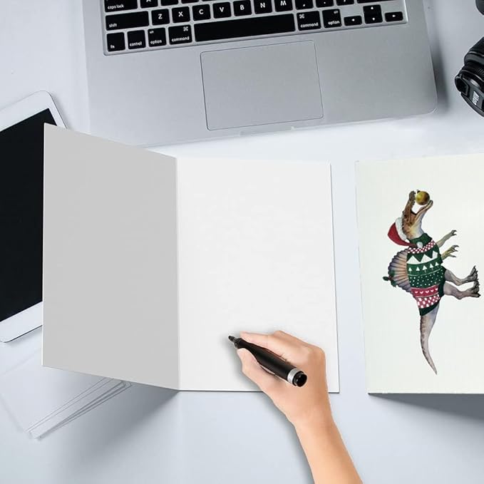 Christmas Card Set - 8 Holiday Cards with Red Envelopes - 8 Different Dinosaur Designs, Perfect for Giving to Your Friends Who Love Dinosaurs.