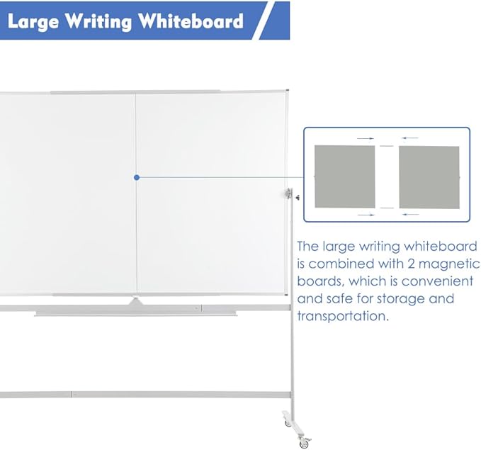FORTUNO Magnetic Mobile Whiteboard 48"x36", Rolling Double Sided Dry Erase Board with Stand, Reversible Adjustable Height/Angle Easel White Board on Wheels 4' x 3' for Office Classroom Home