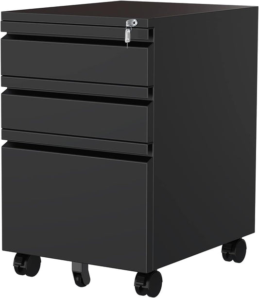MIIIKO 3 Drawer File Cabinet, Metal Filing Cabinet with Lock Rolling Wheels, Office Storage Under Desk,Deep Drawers for Hanging Legal Letter Fill, Full Assembled Except Casters