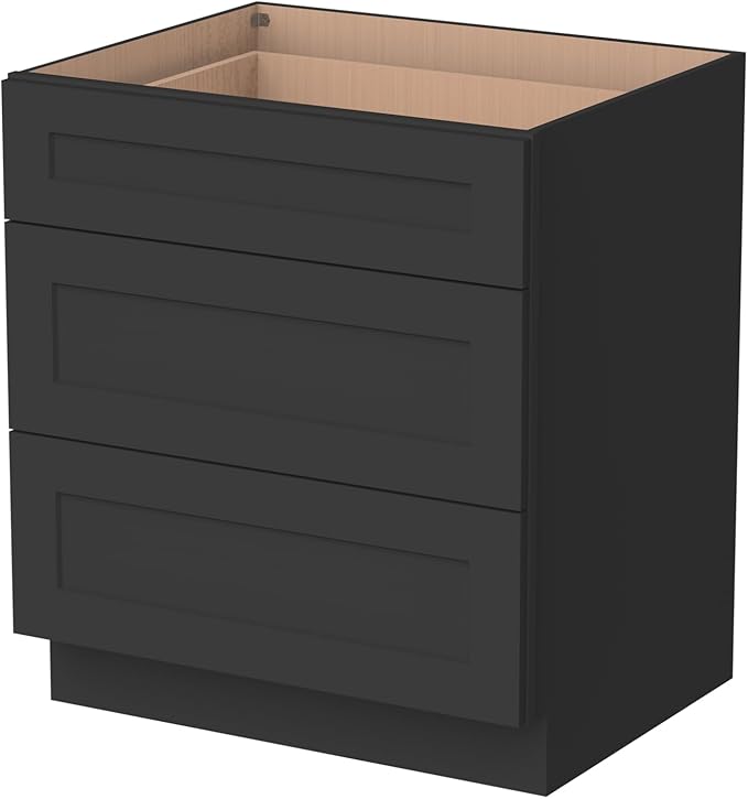 Shaker Style Charcoal Black RTA Base Cabinet with Drawers - Solid Wood 3-Drawer Design with Soft Close, 24" W x 24" D x 34.5" H, Perfect for Standalone Use or Kitchen Cabinet Combinations