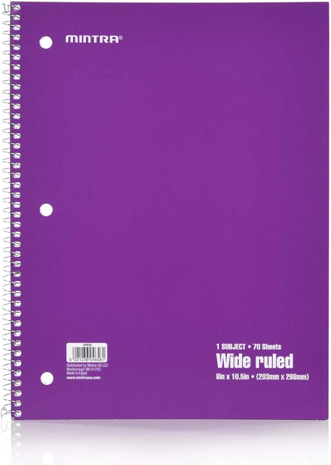 Mintra Office Spiral Notebooks - 1 Subject, 70 Sheets, WIDE Ruled, 8in x 10in, Bulk Pack, Primary Color Covers, Set of 6 - for School, Office, Business, Professional (04656)