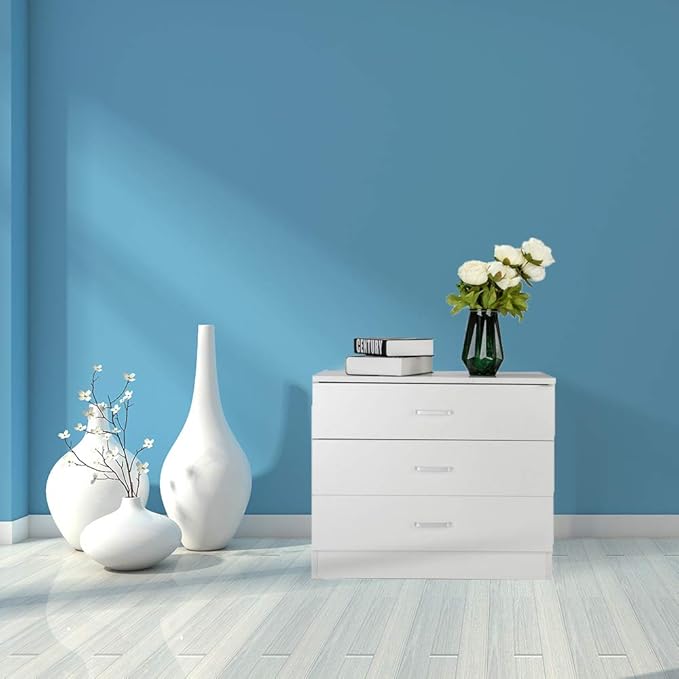 Karl home White 3 Drawer Dresser for Bedroom, Small Nightstand Modern Storage Chest of Drawer Wooden Side Table End Table for Bedroom, Living Room, Reception Room
