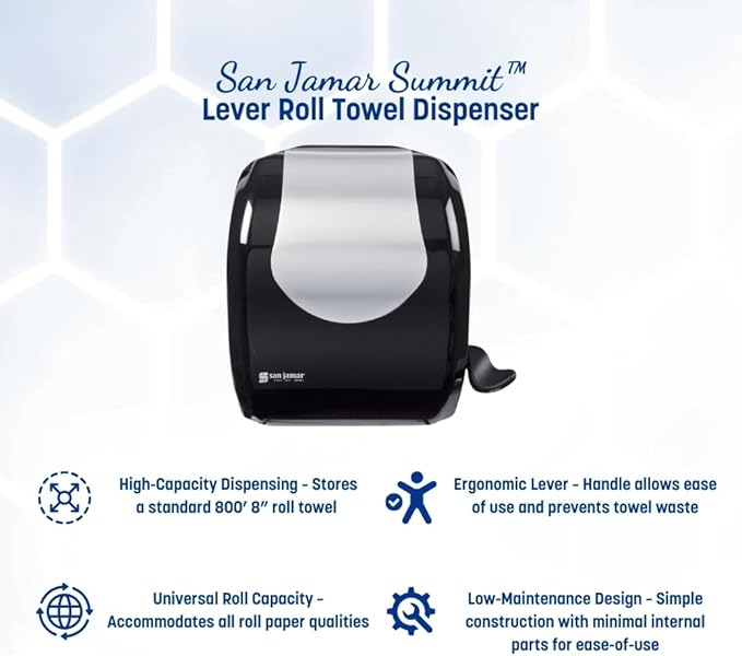 San Jamar Summit Lever Paper Towel Roll Dispenser, Wall Mounted Manual Dispensing, 1.5" Core for Bathrooms, Kitchens, and Restaurants, Plastic (ABS), Black and Stainless Steel