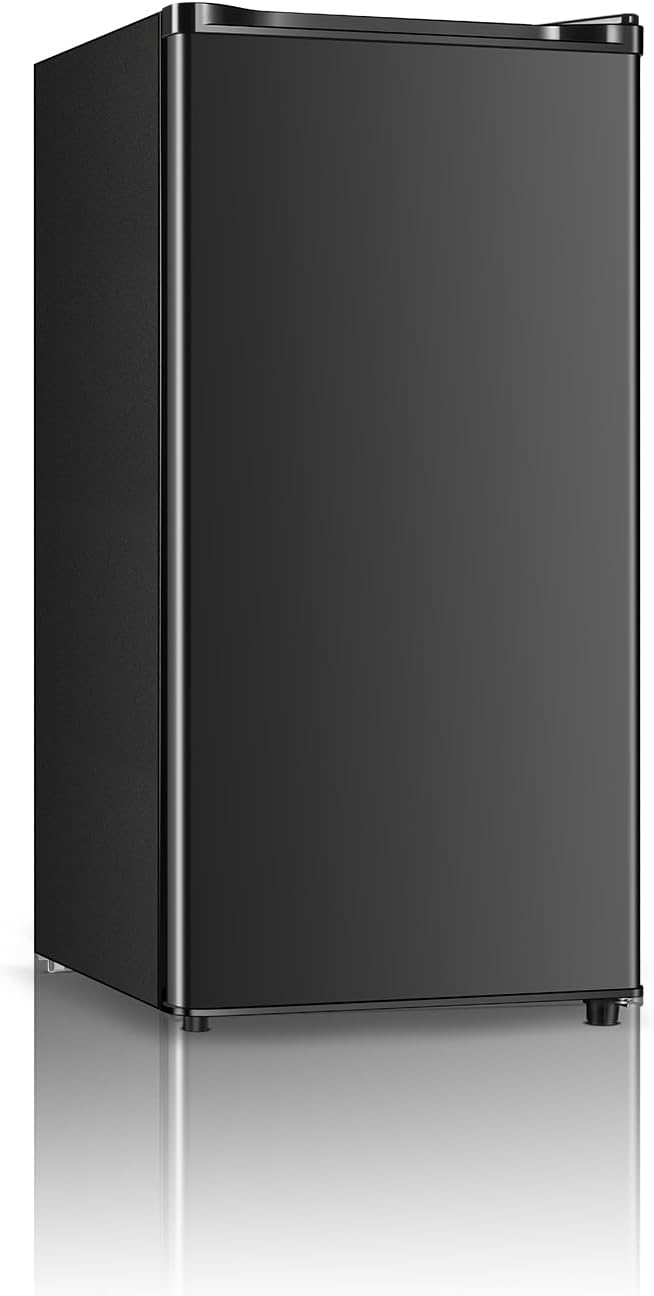 Seaoola Mini Fridge with Freezer, Single Door 3.1 Cu.Ft, Compact Mini Refrigerator, LED Light, Adjustable Thermostat, Removable Glass Shelves, Small Refrigerator for Dorm/Office/Bedroom(Black)