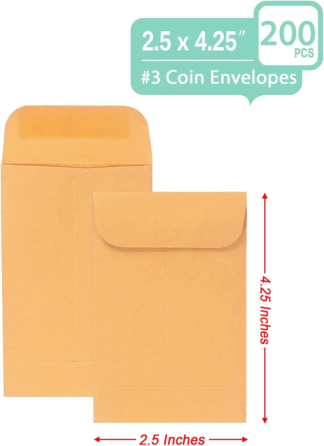 200PCS #3 Coin Envelopes 2.5x4.25 inches Brown Kraft Envelopes Classic Small Parts Gummed Flap for Coins, Cash, Credit Cards, Seeds