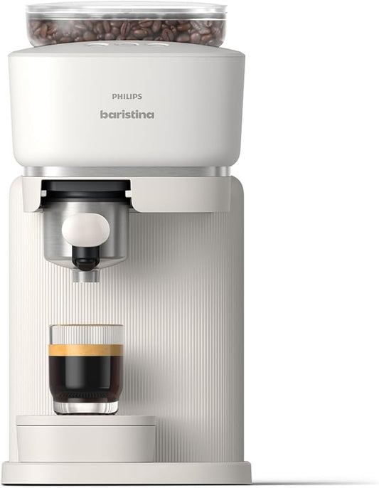 Philips Baristina Espresso Machine, Grind, Tamp & Brew Coffee Beans in One Swipe, Compact, 16 Bar Pump Pressure, Automatic Grinder, Natural White with White Portafilter (BAR300/00)