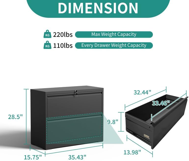 2 Drawer Lateral File Cabinet with Lock, Metal Filing Cabinets for Home Office, Steel Storage Wide File Cabinet for Letter/Legal/F4/A4 Size with Hanging Bars, Assembly Required (Black)