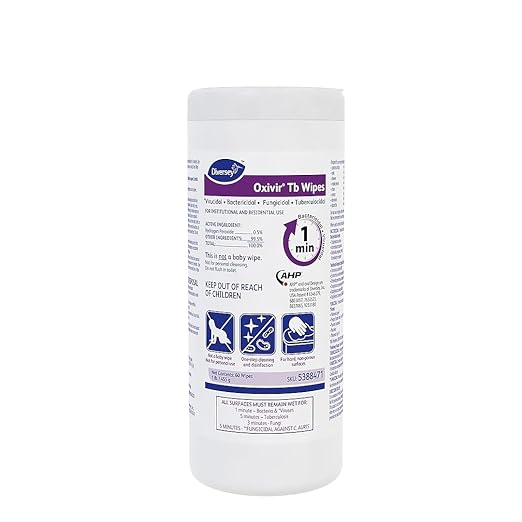 Oxivir Diversey Tb 5388471 Ready-to-Use Disinfectant Cleaning Wipes, Accelerated Hydrogen Peroxide, Large 7x8-Inch Sheets, 60-Wipes, 1-Slim Canister (Pack of 12)