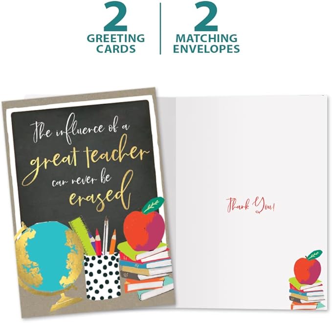 Tree-Free Greetings Teacher Appreciation Cards - Artful Designs - 2 Cards + Matching Envelopes - Made in USA - 100% Recycled Paper - 5"x7" - Lighthearted, For Teacher, Never Be Erased (GT64435)