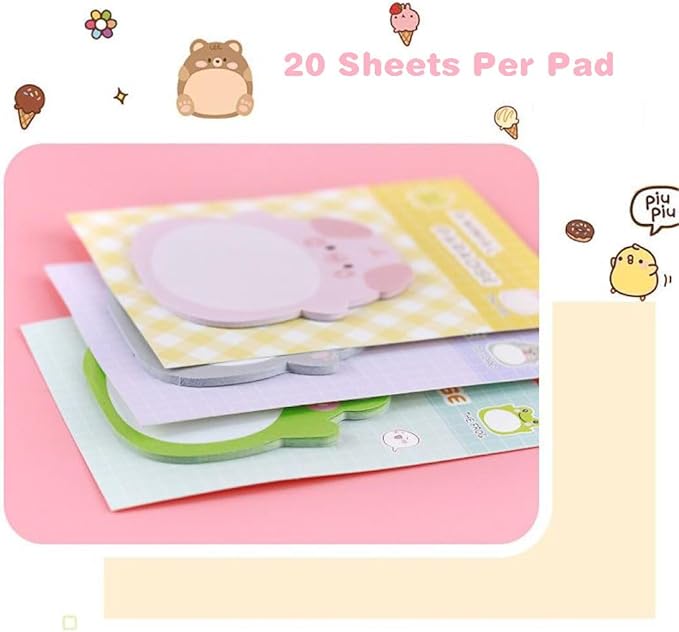 24 Pads Cute Animal Shaped Sticky Notes 8 Cute Patterns 3 Pads of Each Kawaii Self-Sticky Notes Memo Pad for School Office Home Kids Students Roommates Tab Gifts