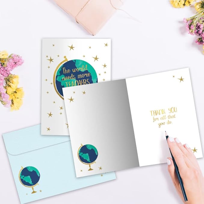 Tree-Free Greetings Teacher Appreciation Cards - Artful Designs - 2 Cards + Matching Envelopes - Made in USA - 100% Recycled Paper - 5"x7" - Lighthearted, For Teacher, The World Needs (GT64438)