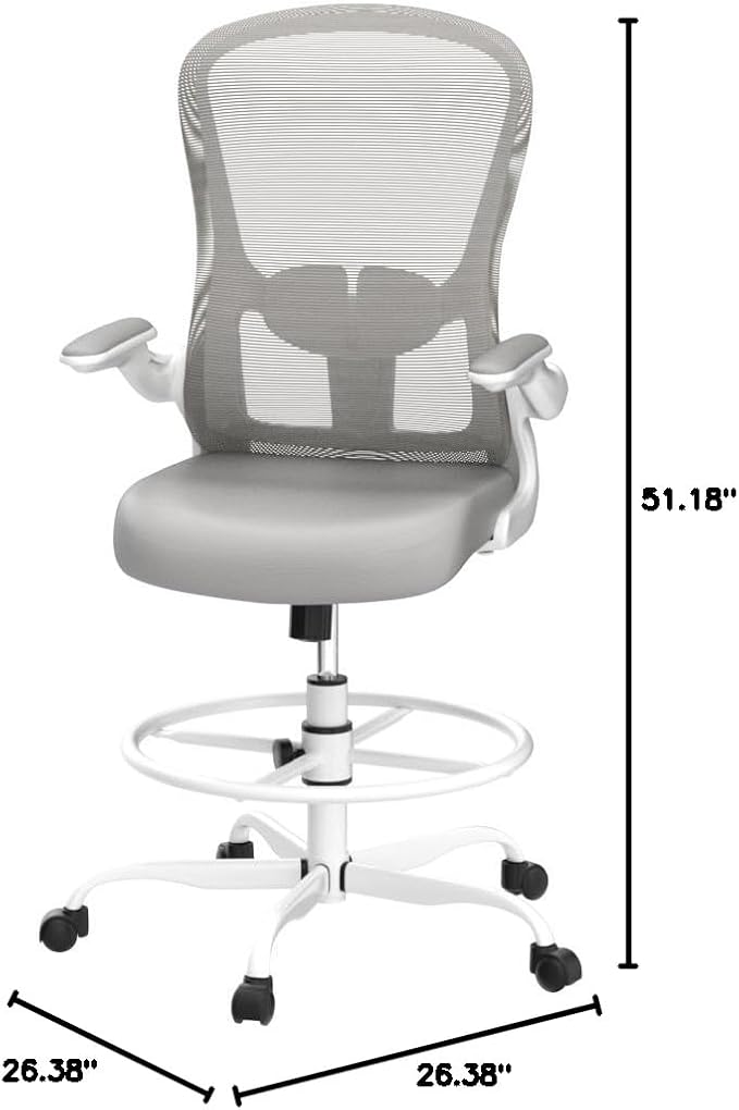 Drafting Chair, Tall Office Chair with Flip-up Armrests Executive Ergonomic Computer Standing Desk Chair, Office Drafting Chair with Lumbar Support and Adjustable Footrest Ring