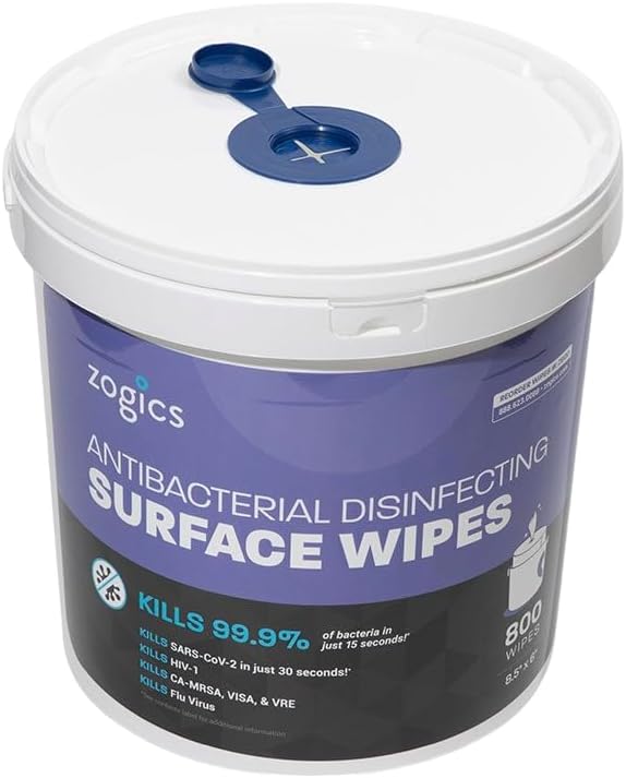 Zogics Antibacterial Wipes, EPA Registered Surface and Gym Equipment Disinfecting Wipes (800 Wipes) + Reusable Wipe Bucket Dispenser