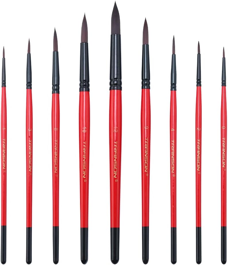 Transon Round Paint Brush Set 9pcs Synthetic Sable Hair for Acrylic Painting Watercolor Painting Gouache Ink Craft and Detail Painting