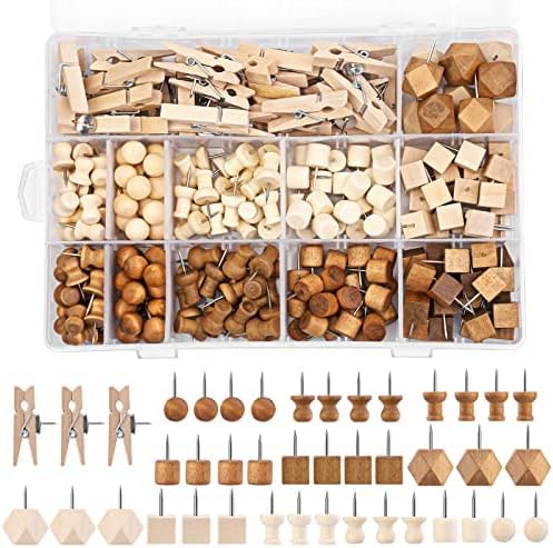 270 Pcs Wood Push Pins, 2 Colors and 7 Types Decorative Thumb Tacks Wooden Head Pin Marking Pin, Wood Thumb Tacks Decorative for Bulletin Boards Craft Projects with Storage Box