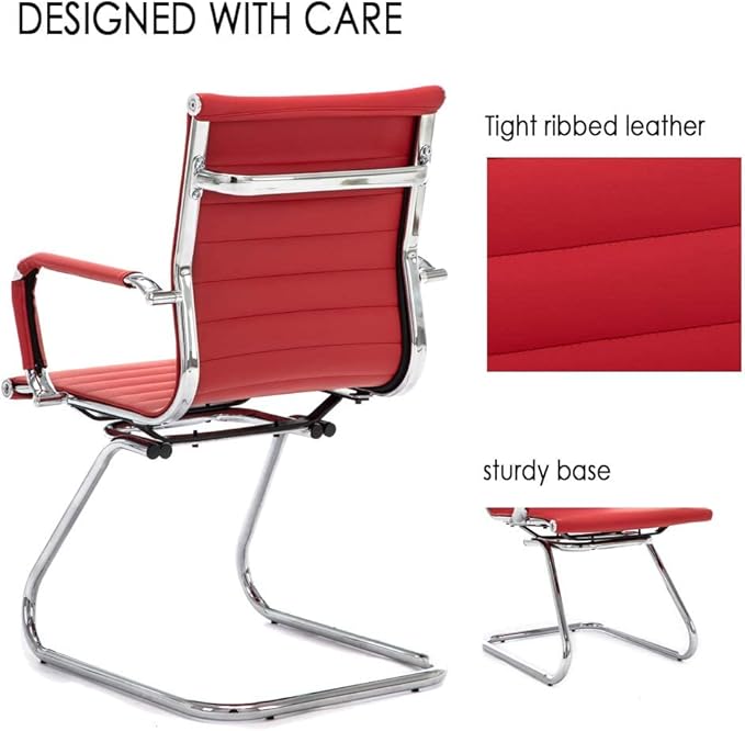 Office Desk Chair No Wheels Set of 6 PU Leather Computer Chairs Mid Back Guest Chairs for School Reception Conference Waiting Room, Deep Red