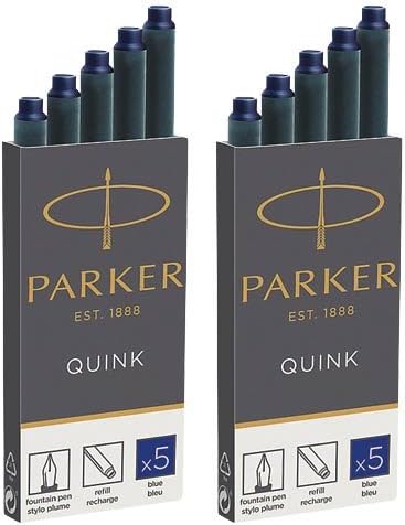 Parker Fountain Ink Cartridges, Blue - 2 Packs of 5 (10 Total), Long Size, Smooth Laying, Fast Drying, Non-Smear, Clean Replacement Process