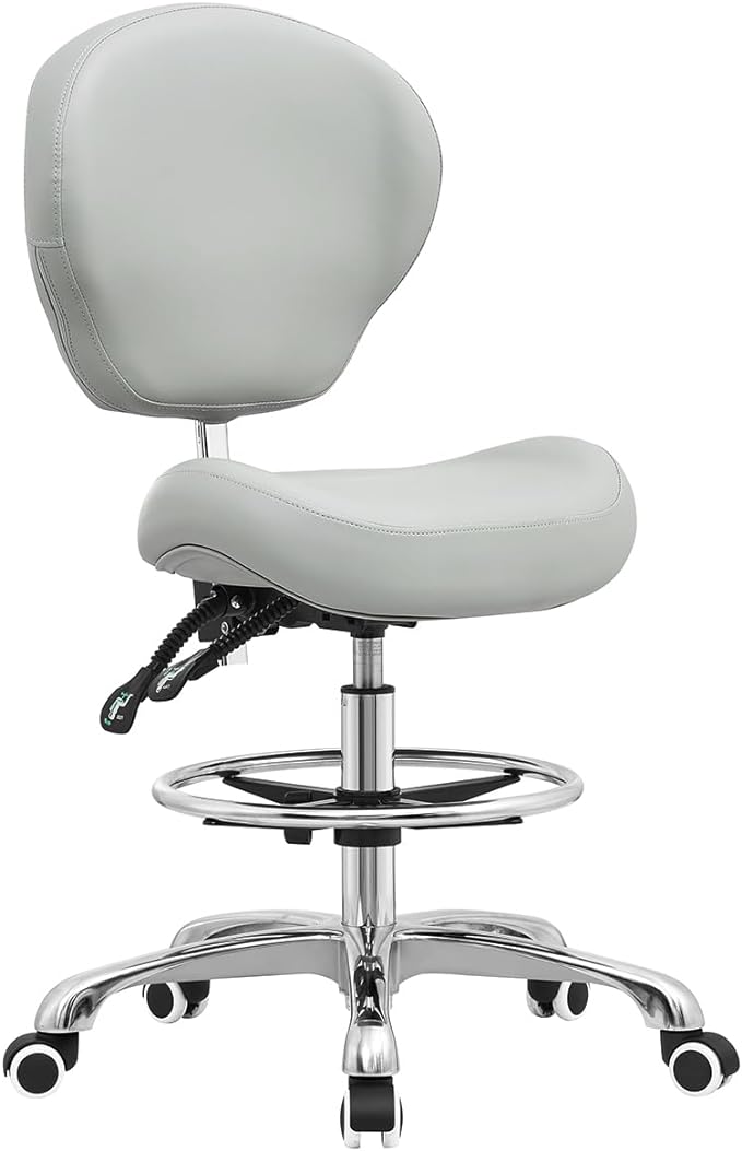 Kaleurrier Adjustable Stools Drafting Chair with Backrest & Foot Rest,Tilt Back,Swivel Seat,Rolling Wheels,for Studio,Dental,Office,Salon and Counter,Armless Tall Home Desk Chairs (Grey)