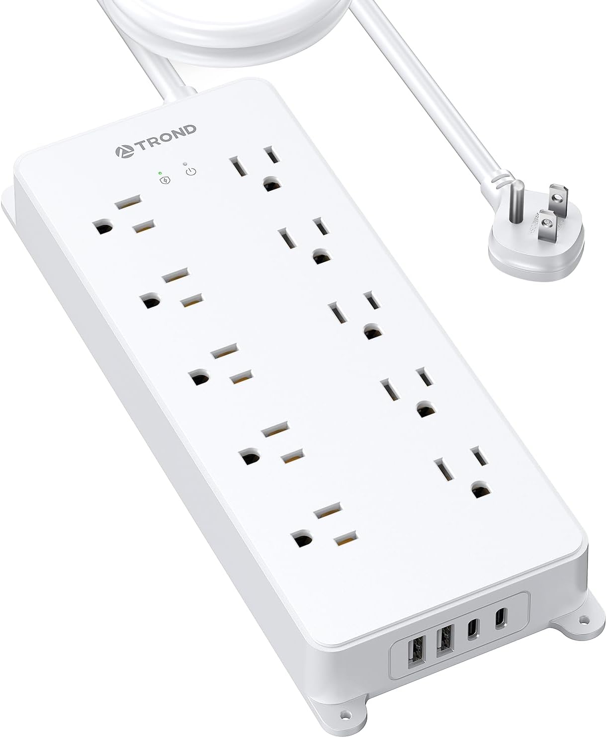 TROND Power Strip Surge Protector, 4000J, ETL Listed, 10 Widely Spaced Outlets, 2 USB A & 2 USB C Ports, Flat Plug Power Strip, 10ft Long Extension Cord, Wall Mountable, for Home Office Garage, White