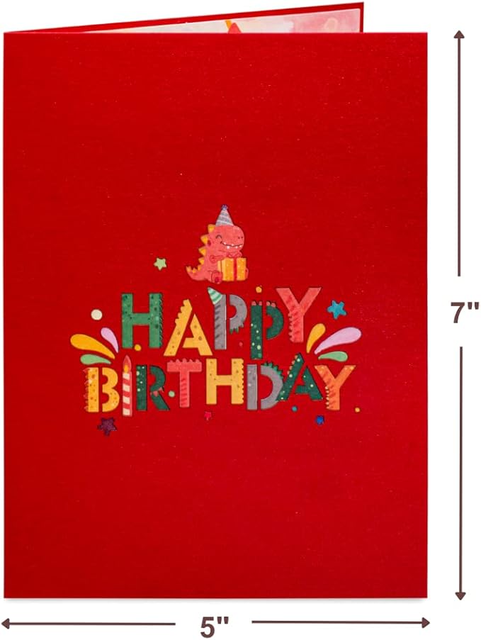 Paper Love Happy Birthday Pop Up Card, Dinosaurs, For Adults and Kids - 5"x7" Cover - Includes Envelope and Note Tag