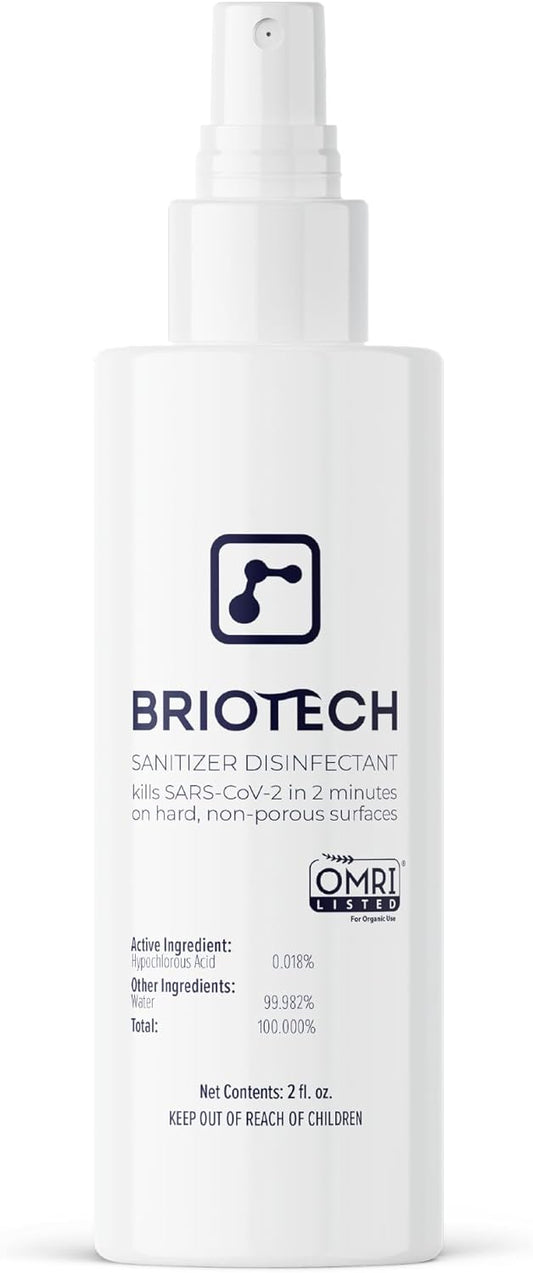 BRIOTECH Sanitizer Disinfectant Hypochlorous Spray, Kill 99.99% of Viruses & Bacteria, Control Mold, Eliminate Odor, Gentle for Nurseries, Food Contact Surface Sanitizer, 2 fl oz Travel Size