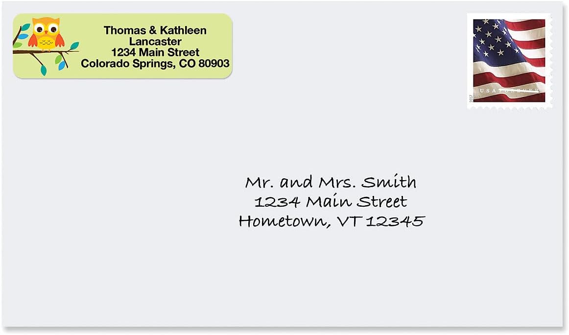 Owls Seasonal Rolled Personalized Return Address Mailing Labels with Dispenser, Set of 500, 5 Designs, Small ¾ x 2½ Inch Size, Custom Self-Adhesive Sticker Roll, by Colorful Images