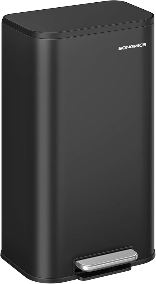 SONGMICS Kitchen Trash Can, 8-Gallon (30 L) Garbage Can with Lid, Stainless Steel, Soft Close and Stays Open, Inner Bucket, Wide Non-Slip Pedal, Ink Black ULTB546B01