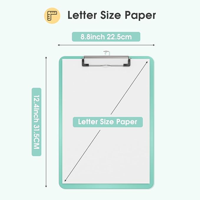 Plastic Clipboards, A4 Teal Clip Board 8.5x11 for Classroom, Students, Kid, Woman, Size 9" x 12.5" with Low Profile Clip, Office & School Supply