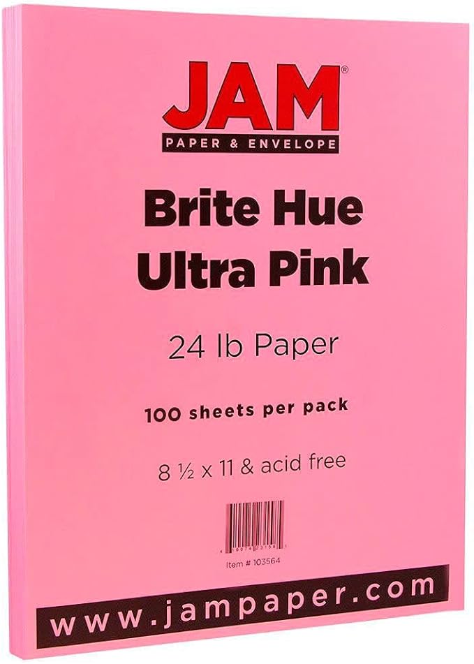 JAM PAPER Colored 24lb Paper - 90 gsm - 8.5 x 11 - Ultra Pink - 100 Sheets/pack