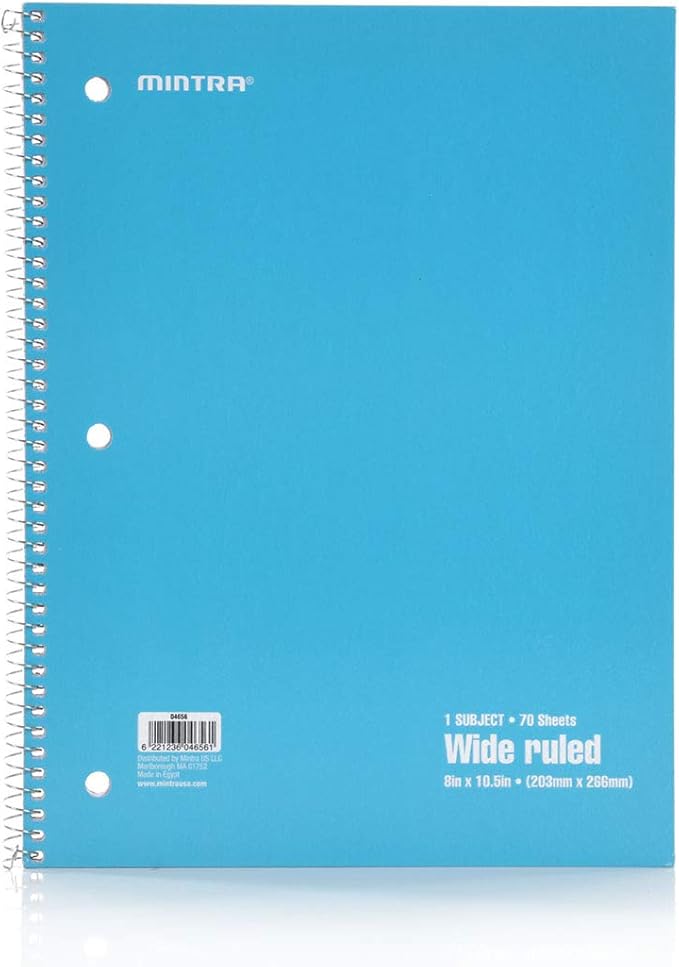 Mintra Office Spiral Notebooks - 1 Subject, 70 Sheets, WIDE Ruled, 8in x 10in, Bulk Pack, Primary Color Covers, Set of 6 - for School, Office, Business, Professional (04656)