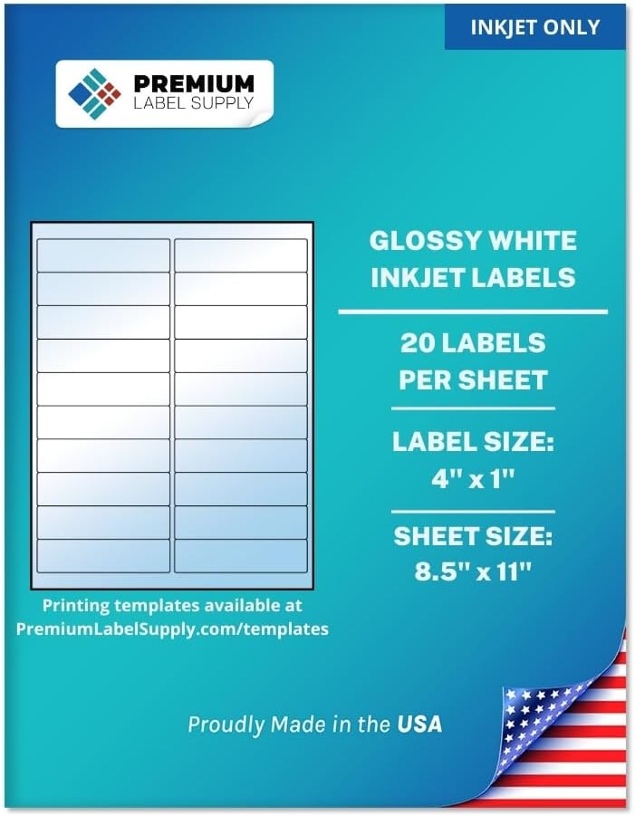 Premium Label Supply Glossy White Address Sticker Labels – 4" x 1" – (20 per Sheet) (Glossy White for Inkjet Only, 10,000 Labels)