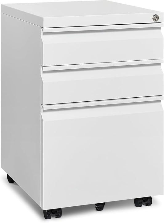 Mobile File Cabinet for Home Office, Lockable 3 Drawer Filing Cabinet with Wheels for A4-Size/Letter-Size/Legal-Size, Fully Assembled Except Casters, White