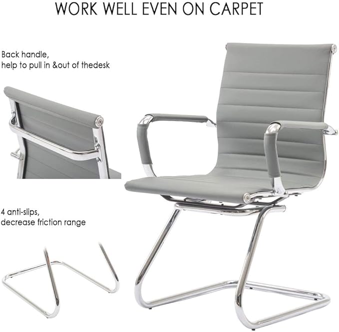 Office Desk Chair Set of 8,No Wheels PU Leather Computer Chairs Mid Back Guest Chairs with Seld Base for School/Reception/Conference/Waiting Room,Grey