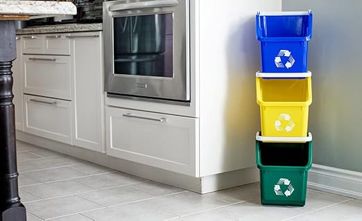 Multi Recycling System with Three Stackable 5 Gallon Bins to Build Your Recycling Center for Offices, Homes, Garages, Businesses (3 Pack, Blue/Yellow/Red)