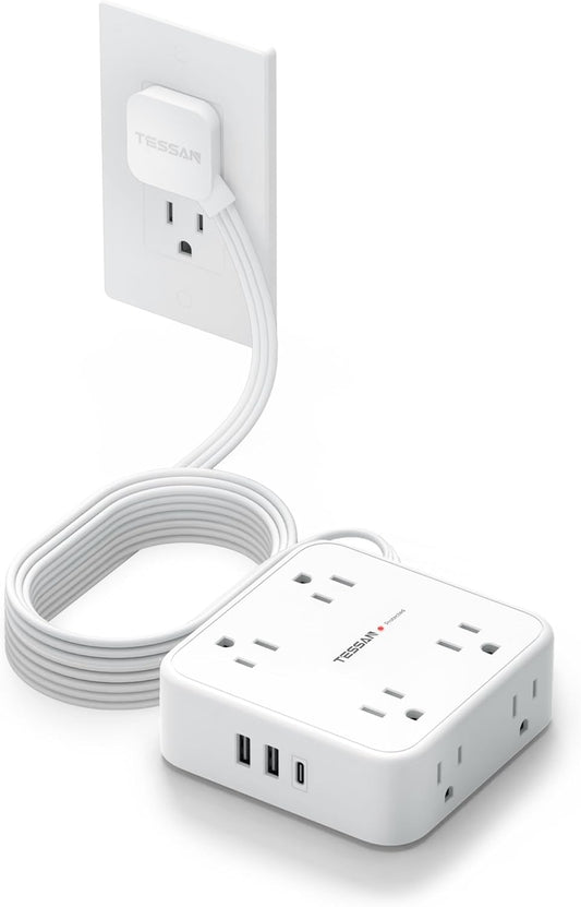 Extension Cord with Multiple Outlets, TESSAN 10 FT Surge Protector Power Strip Flat Plug, 8 AC Outlets, 900J 3 USB Ports (1 USB C), Desk Charging Station with Protection for Home, Office, Dorm Room
